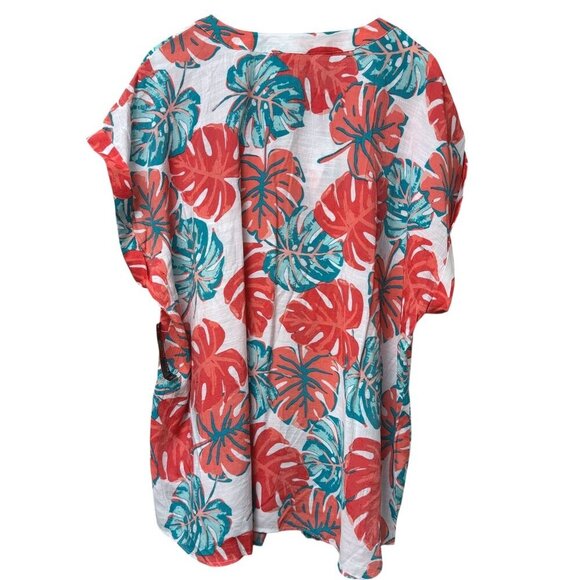 Kim Rogers Top Plus Size 2X Tropical Leaf Coral Turquoise Short Sleeve Tunic - Picture 6 of 9